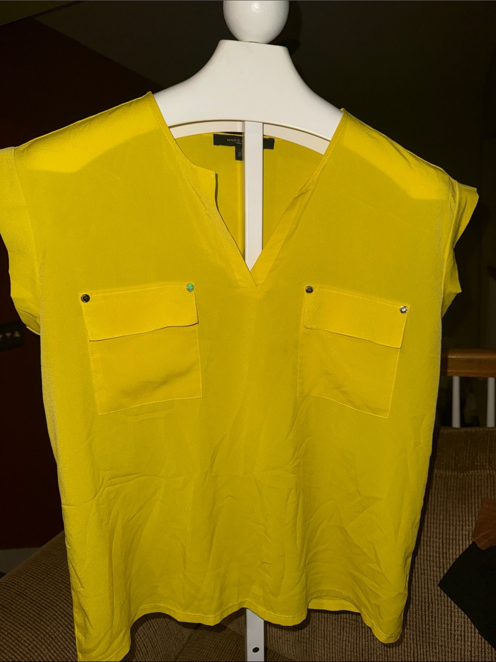 Maurices Yellow V-Neck Short Sleeve Blouse with Chest Pockets